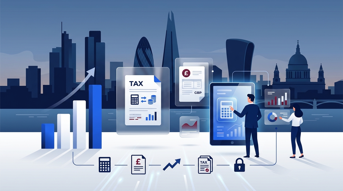 Modern London corporate skyline with financial charts and tax calculation illustrations